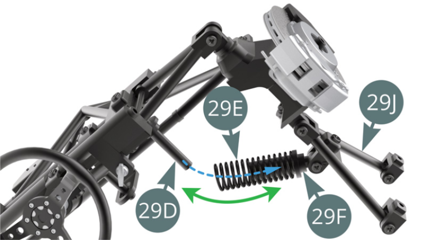 Positionner le ressort d’amortisseur 29E (interchangeable avec le ressort 3D) sur le cylindre d’amortisseur 29F, puis tout en basculant l’ensemble (flèche verte), positionner le piston d’amortisseur 29D dans le cylindre d’amortisseur 29F et à travers le ressort 29E (flèche pointillée bleue).