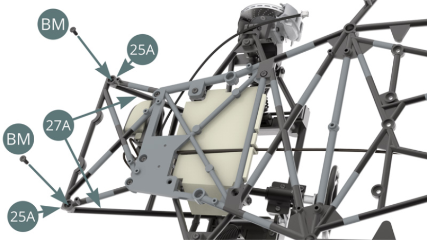 Fixer les bras du cadre du tableau de bord 27A sur les extrémités du châssis inférieur 25A avec deux vis BM.