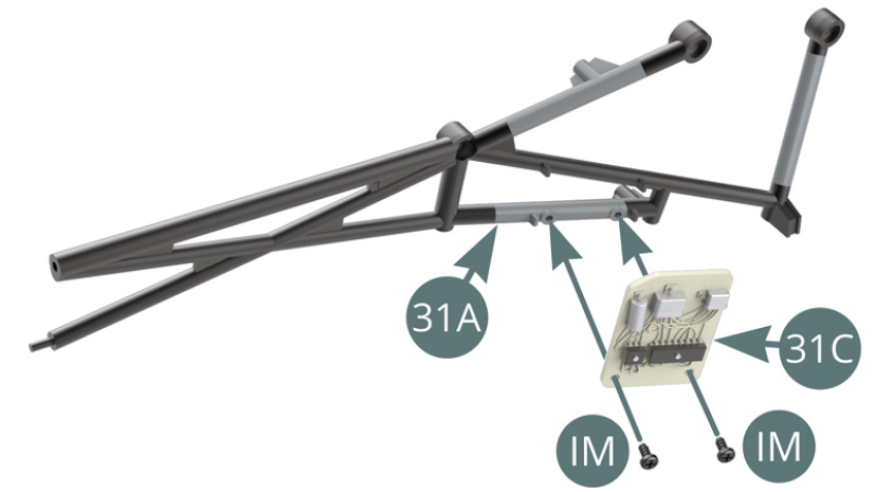 Positionieren Sie Verkabelungsplatine 31C auf Fahrgestell 31A und befestigen Sie es mit zwei IM-Schrauben. 