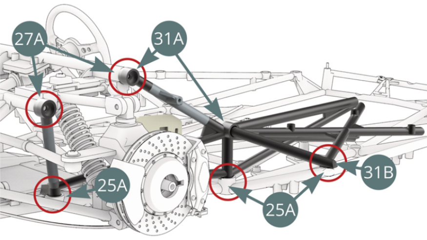 Suchen Sie die fünf Befestigungspunkte (rote Kreise) zwischen dem Fahrgestell 31A-31B und der unteren Rahmenbaugruppe 25A / dem Armaturenbrettrahmen 27A, die mit den entsprechenden Schrauben befestigt werden, wie in den beiden folgenden Schritten gezeigt.