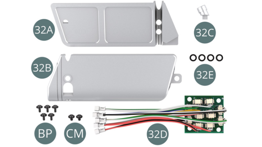 32A Panel superior 32B Depósito de combustible izquierdo 32C Tubo de llenado32D PCB con cableado 32E Arandelas espaciadorasTornillo BP M 1,7 x 4 x 5 mm (x 5) Tornillo CM M 2.0 x 3 x 5 mm (x 2)