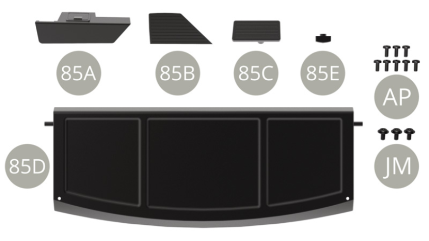 85A Ash tray panel  85B Deco grid panel85C Deco grid panel85D Parcel tray 85E Parcel tray supportAP M 1,7 x 4 mm (x 8)JM M 2,0 x 4 x 5 mm (x 3)