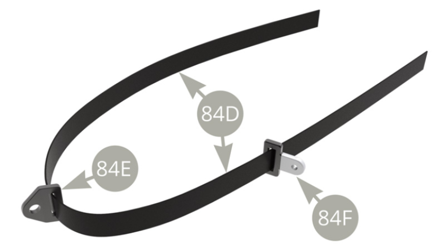 Prendre la ceinture de sécurité arrière droite 84D préalablement assemblée, comprenant le support 84E et la boucle 84F.