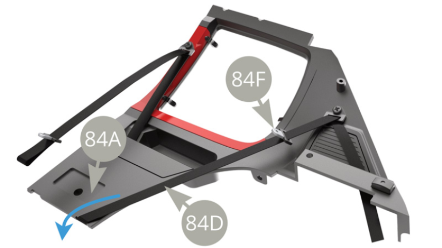 Wrap the other end of 84D Rear right safety belt over the notch in lower edge of 84A Interior right panel ( upper illustration , blue arrow ) and fix it ( punching with thick needle or awl , red arrow , lower illustration ) with AP screw , attaching 85C Deco grid panel at the same time . Note 84F Buckle position on upper illustration.