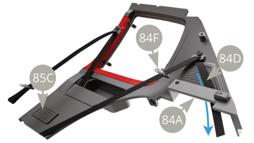 Pull to tighten the upper end of 84D Rear right safety belt ( blue arrow )