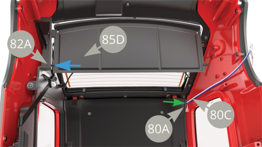 Lead 80C Cable along 80A Ceiling panel edge to exit where green arrow point . Fit 85D Parcel tray left side peg into the socket on 82A Interior left panel , holding it suspended.