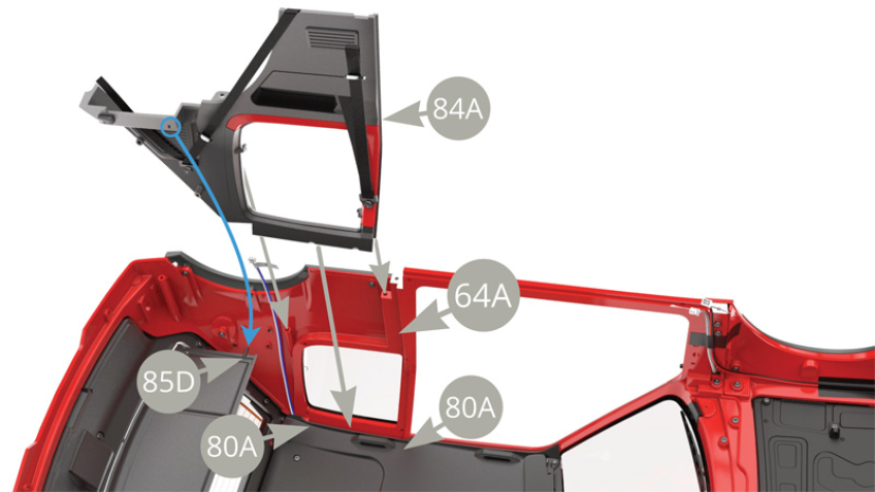 Fit 84A Interior right panel to 64A Bodywork and into the slot along 80A Ceiling panel rear right edge , at the same time catch 85D Parcel tray right side peg into the socket on 84A Interior right panel ( blue arrow ).