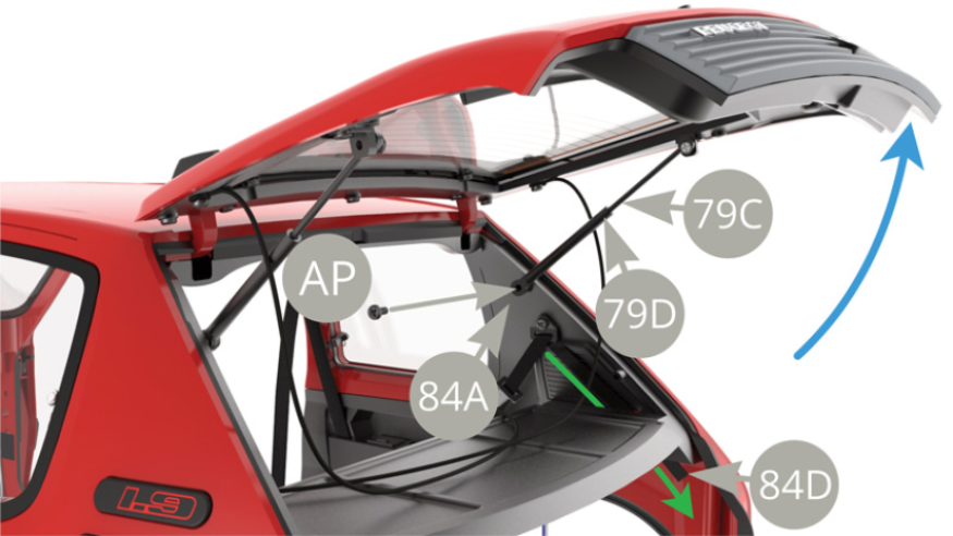 Open up the Tailgate ( blue arrow ) , align and fit 79C Tailgate strut piston into 79D Tailgate strut cylinder on the right side of car . Pull to tighten 84D Rear right safety belt ( blue arrow ).