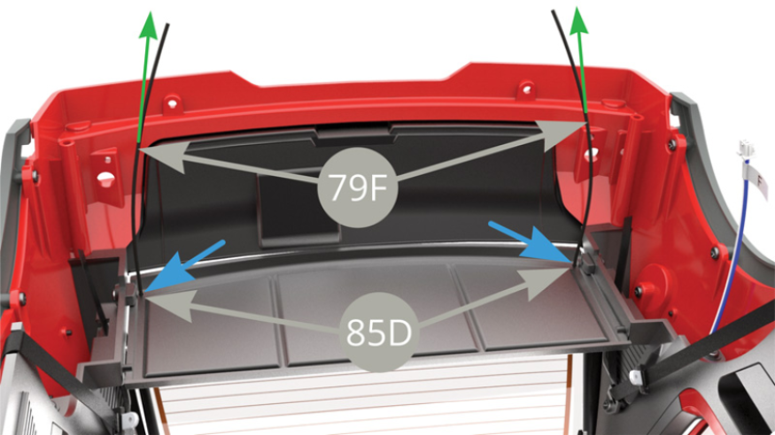 Close the Tailgate , upturn the car body , pull 79F Parcel tray support cords to tighten them , with 85D Parcel tray itself in its stowed ( horizontal ) position . Tie 79F Cords to knots close to 85D Parcel tray surface ( blue arrows )