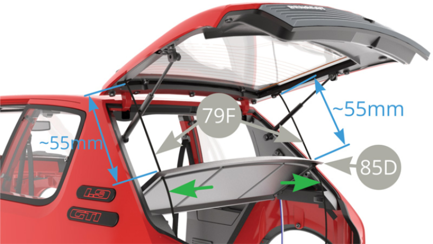 Upturn car body again , open the Tailgate , the 85D Parcel tray will lift up , pulled by 79F Cords . Cut excess lengths of 79F Cords some 5mm lower from the knots ( green arrows )