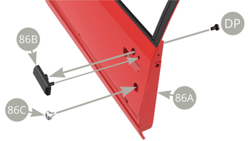 Positionner la poignée d’ouverture 86B sur la portière gauche 86A et la fixer avec une vis DP.Positionner la serrure 86C sur la portière gauche 86A (illustrations ci-dessous).