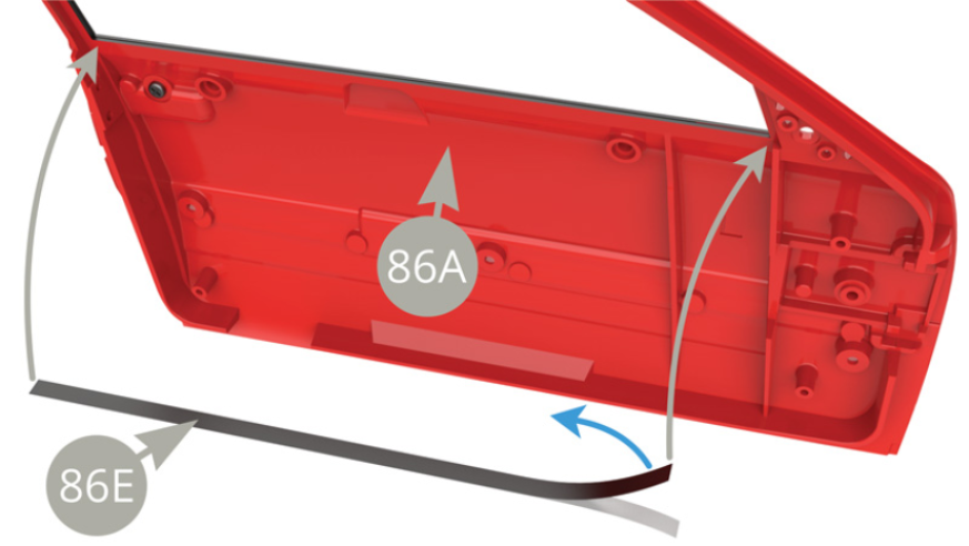 Peel 86E Glass protective strip off its backing ( blue arrow ) and apply along 86A Left door lower inner window edge (lower illustrations)