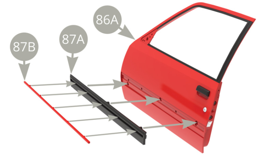 Attach 87B Molding strip to 87A Molding . Fit 87A Molding to 86A Left door and fix with three AP screws from the inner side of door panel (lower illustrations )