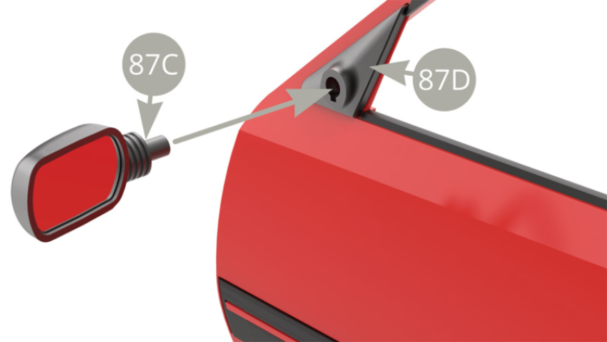 Montar 87C (Carcasa del retrovisor lateral) en 87D (Base de espejo lateral) y fijar en 86A (Puerta izquierda) desde su lado interior con tornillo AP - ilustraciones superior e inferior.