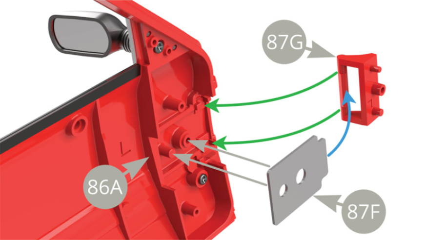 Fit 87G Hinge to 86A Left door ( green arrows ) , then fit 87F Leaf spring to 86A Left door two pins , placing its shorter end over 87G Hinge axis ( blue arrow ) .