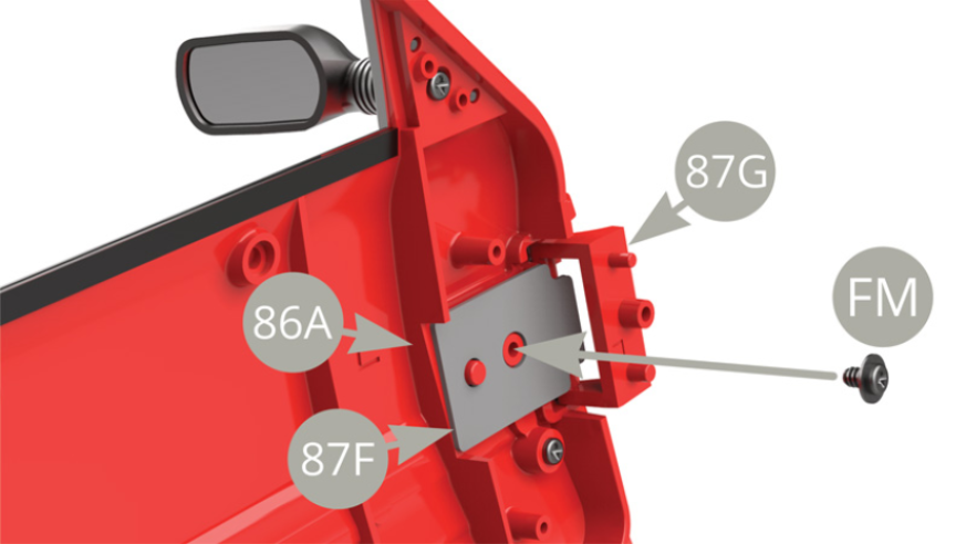 Fix 87F Leaf spring to 86A Left door with FM screw , allowing 87G Hinge to rotate