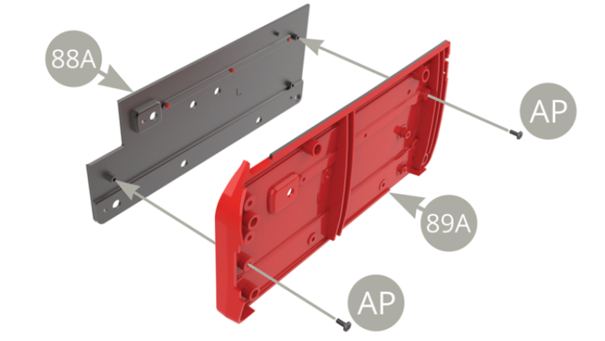 88A (Deko-Innenverkleidung) an 89A (Innenverkleidung Tür links) montieren und mit zwei AP-Schrauben befestigen.