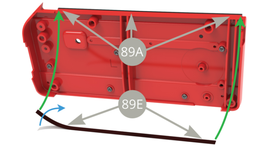 Peel 89E Glass protective strip off its backing paper ( blue arrow ) and stick along the upper edge of 89A Left door inner panel back side ( green arrows ) .