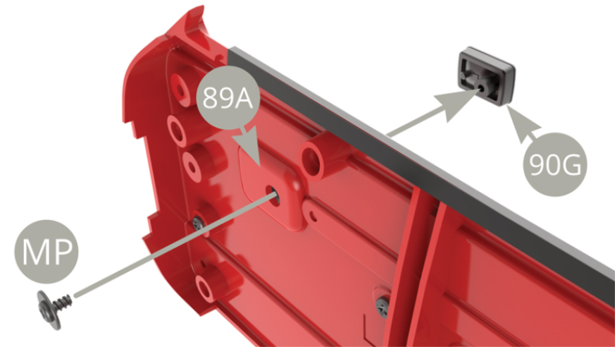 Fit 90G Unlocking lever housing to 88A Inner deco panel and fix to 89A Left door inner panel with MP screw . ( upper and lower illustrations ).