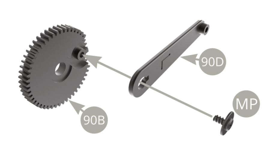 90D (Hebel) auf 90B (Großes Zahnrad) montieren und mit MP-Schraube befestigen.