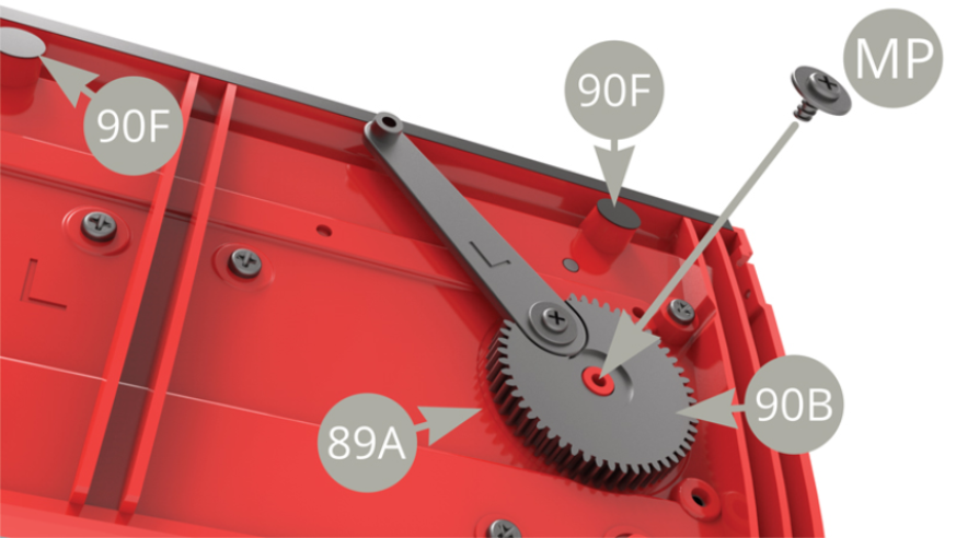 Fit 90B Big gear to 89A Left door inner panel and fix with MP screw .