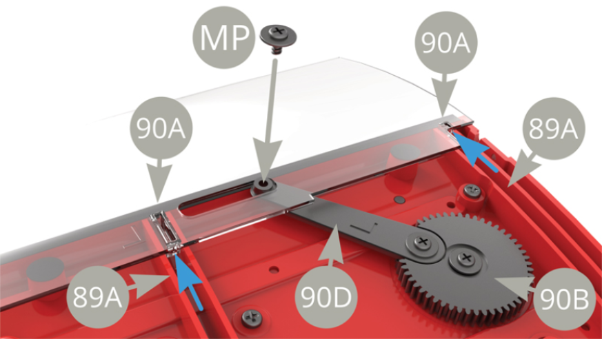 Fit 90A Left door glass with its two guiding tabs to the uppermost position ( blue arrows ) into the grooves of 89A Left door inner panel , and fix it to raised 90D Lever with MP screw . 