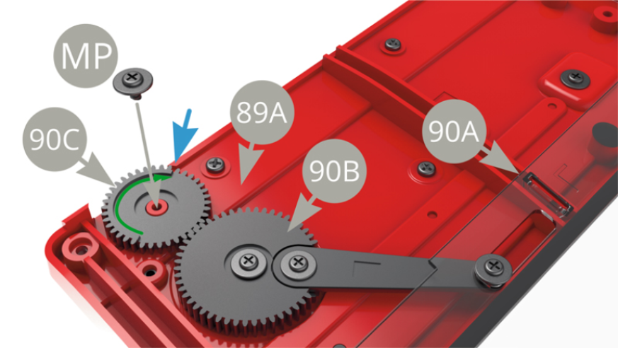 Fit 90C Small gear to 89A Left door inner panel peg ,engaging ( meshing / INTERLOCKING) it with 90B Big gear ( 90A Glass raised up ) . Make sure to adjust the raised sector edge ( green arrow ) being in front of blue arrow pointed edge , and then fix 90C  Small gear to 89A Left door inner panel with MP screw .