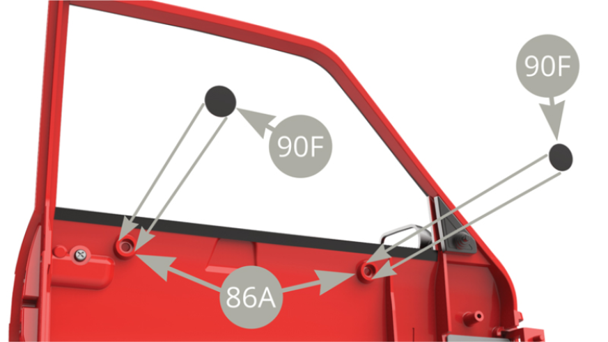 Positionner le petit engrenage 90C sur le panneau d’habillage 89A en le reliant au gros engrenage 90B (vitre en position relevée). Vérifier que le bord de la partie surélevée (flèche verte) est bien en face du repère pointé par la flèche bleue, puis fixer l’engrenage 90C avec une vis MP. 