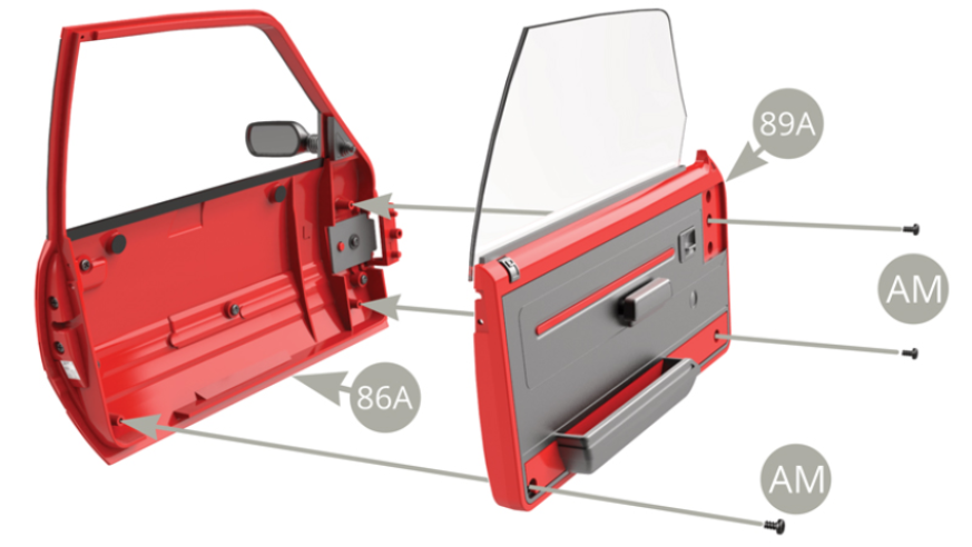 Fit 89A Left door inner panel to 86A Left door and fix with three AM screws.