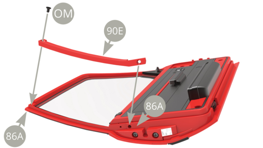 Positionner le montant de portière 90E sur la portière gauche 86A et le fixer avec une vis OM.