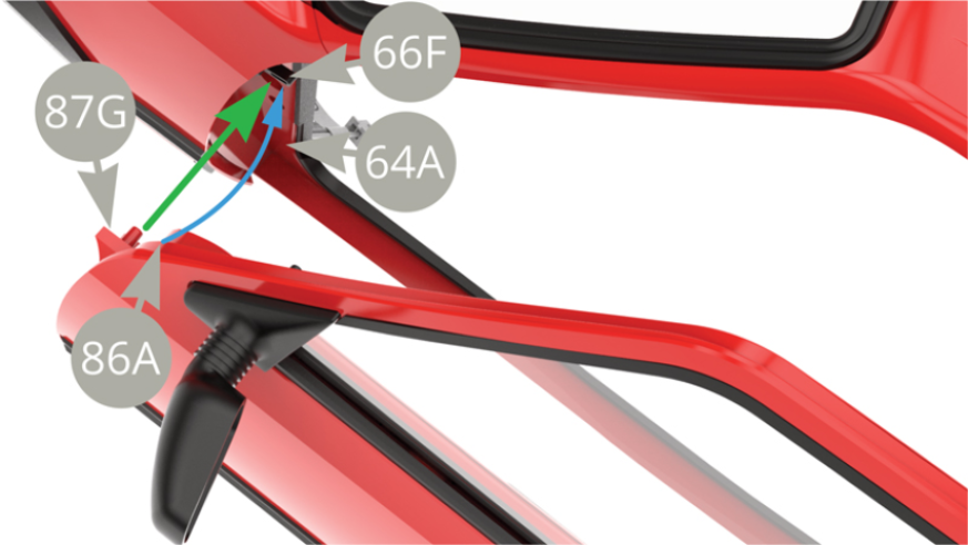 Fitting the Left door to the Bodywork , aim 87G Hinge pins to fit into the sockets on 64A Body frame ( green arrow ) , and 86A Left door inner upper corner to push up 66F  lever ( blue arrow ) . Refer to upper and lower illustrations .