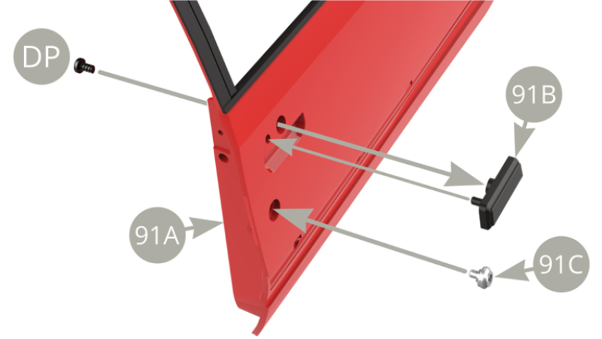 Positionner la poignée d’ouverture 91B sur la portière droite 91A et la fixer avec une vis DP.Positionner la serrure 91C sur la portière droite 91A (illustrations ci-dessous).