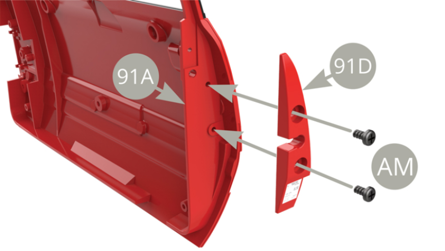 Coloque 91D (Placa de la cerradura) en 91A (Puerta derecha) y fíjela con dos tornillos AM.