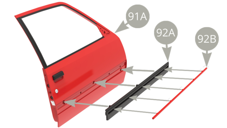 Positionner le liseré 92B sur la baguette 92A. Positionner la baguette 92A sur la portière droite 91A et la fixer avec trois vis AP depuis l’intérieur (illustrations ci-dessous).