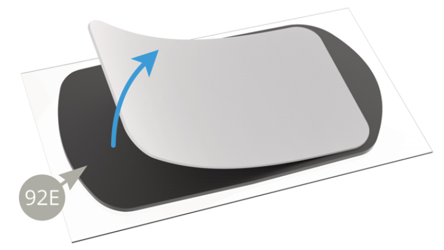 Lift backing paper off 92E Side mirror ( upper image , blue arrow ) and stick the mirror into 92C Side mirror housing , removing external protective film ( lower image , blue arrow ) .