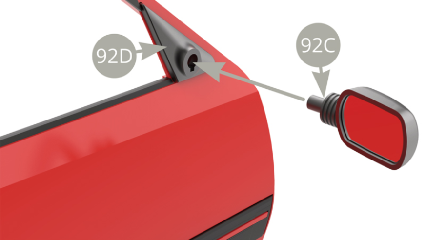 Positionner le rétroviseur extérieur 92C sur son support 92 D et le fixer sur la portière droite 91A avec une vis AP depuis l’intérieur (illustrations ci-dessous).