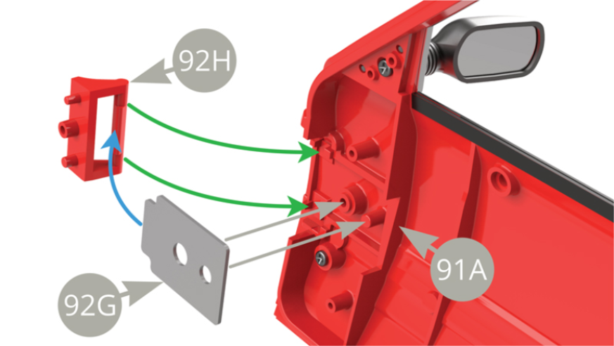 Fit 92H Hinge to 91A Right door ( green arrows ) , then fit 92G Leaf spring to 91A right door two pins, placing its shorter end over 92H Hinge axis ( blue arrow ) .