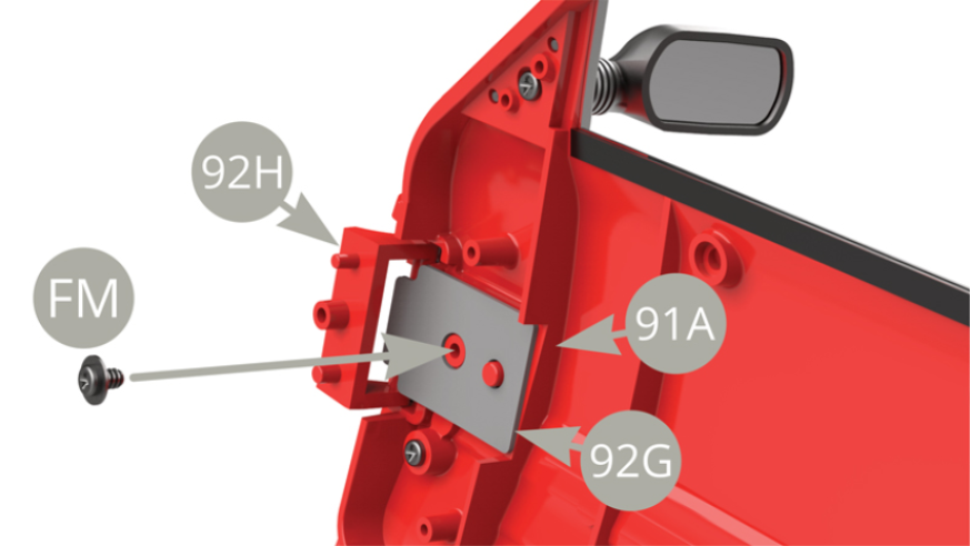 Fix 92G Leaf spring to 91A Right door with FM screw , allowing 92H Hinge to rotate .