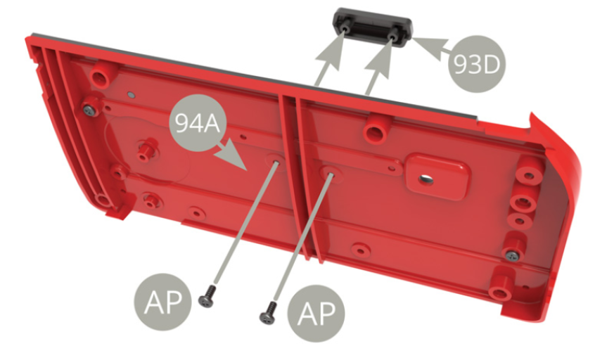 Positionner la poignée repose-coude 93D sur la garniture de portière 93A et la fixer sur le panneau d’habillage 94A depuis l’arrière avec deux vis AP (illustration ci-contre).