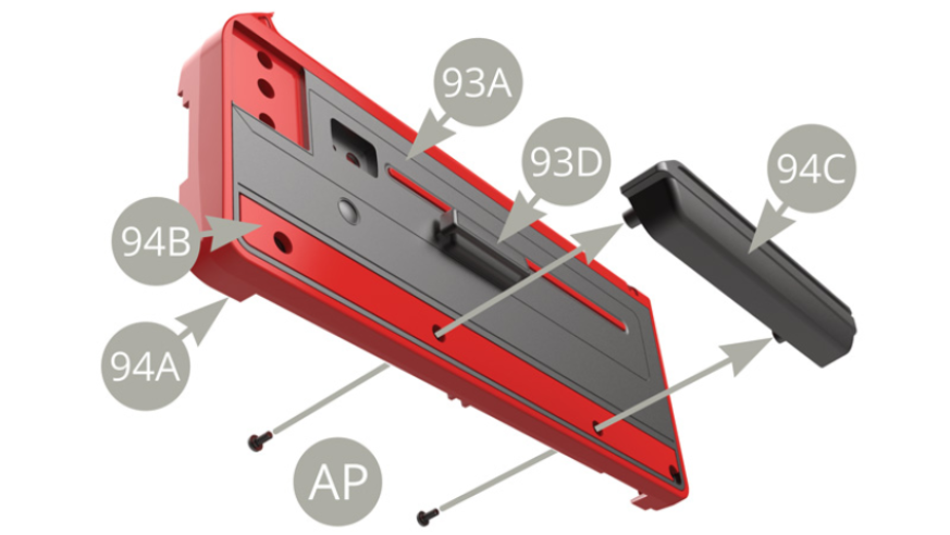 Positionner le vide-poche 94C sur la plaquette de décoration 94B et le fixer sur le panneau d’habillage 94A depuis l’arrière avec deux vis AP (illustrations ci-contre et suivante).