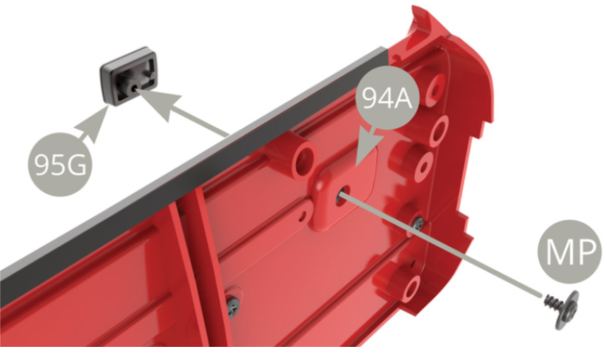 Fit 95G Unlocking lever housing to 93A Inner deco panel and fix to 94A Right door inner panel with MP screw . ( upper and lower illustrations )