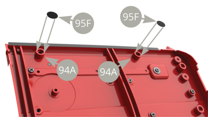 Peel two 95F Protective roundels off backing paper and stick to 94A Right door inner panel protrusions , to keep door glass from scratching during its movement 