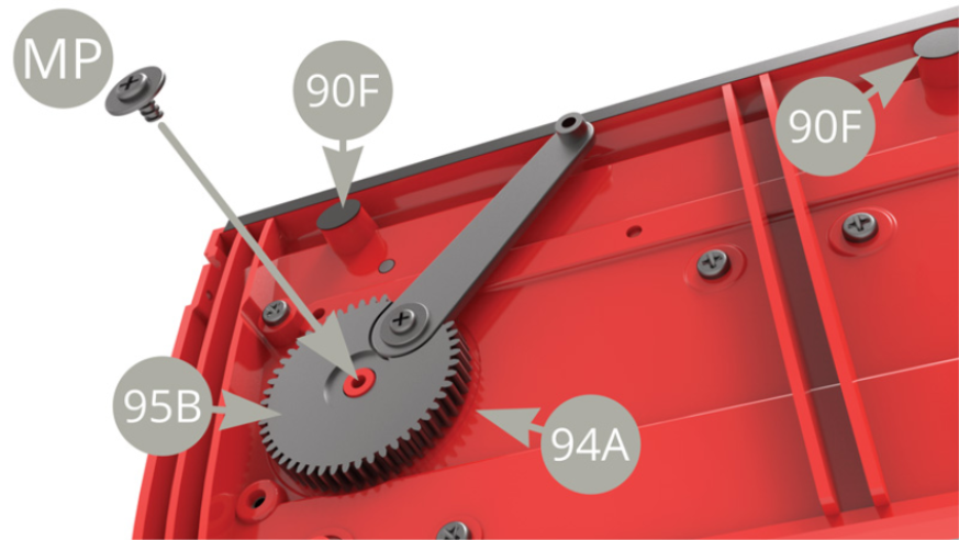 Fit 95B Big gear to 94A Right door inner panel and fix with MP screw .