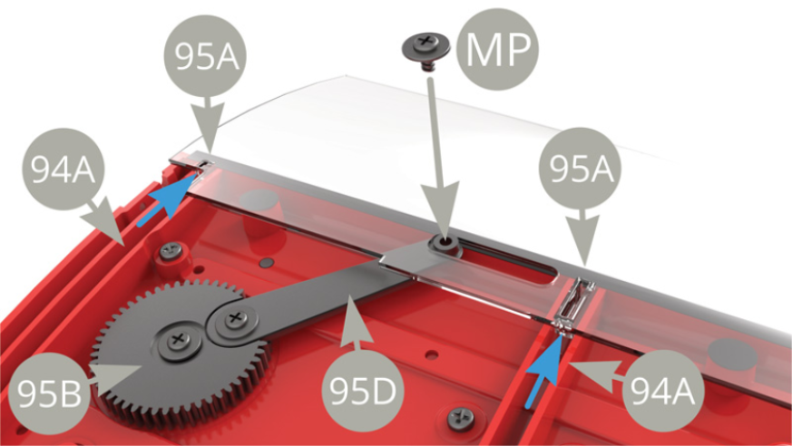 Fit 95A Right door glass with its two guiding tabs to the uppermost position ( blue arrows ) into the grooves of 94A Right door inner panel , and fix it to raised 95D Lever with MP screw . 