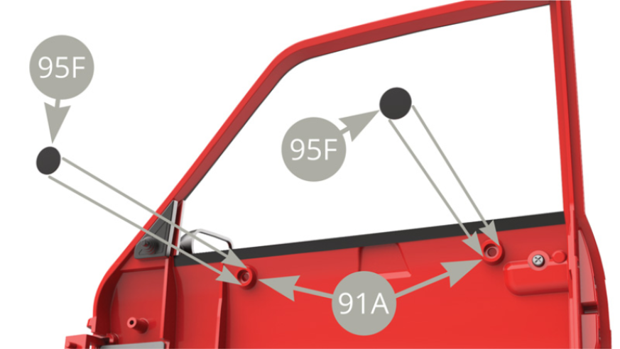 Peel two 95F Protective roundels off backing paper and stick to 91A Right door protrusions on its inner side .