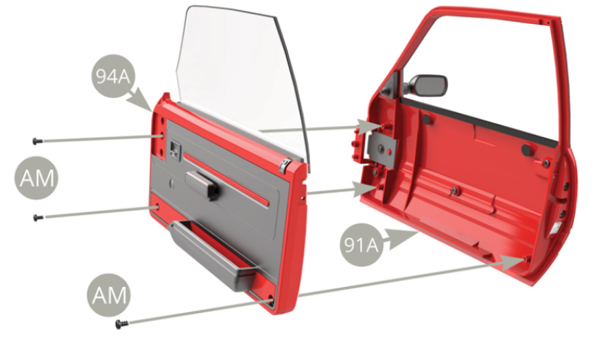 Fit 94A Right door inner panel to 91A Right door and fix with three AM screws .