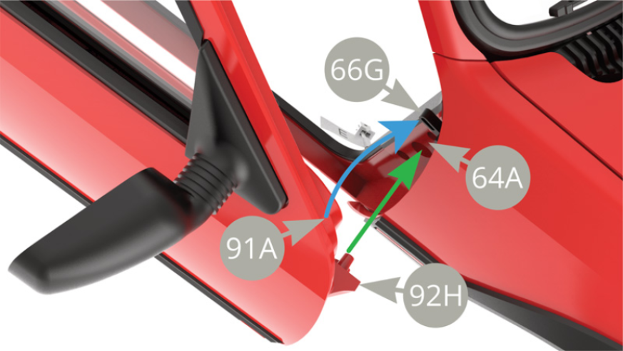 Fitting the Right door to the Bodywork , aim 92H Hinge pins to fit into the sockets on 64A Body frame ( green arrow ) , and 91A Right door inner upper corner to push up 66G Switch lever ( blue arrow ) . Refer to upper and lower illustrations .