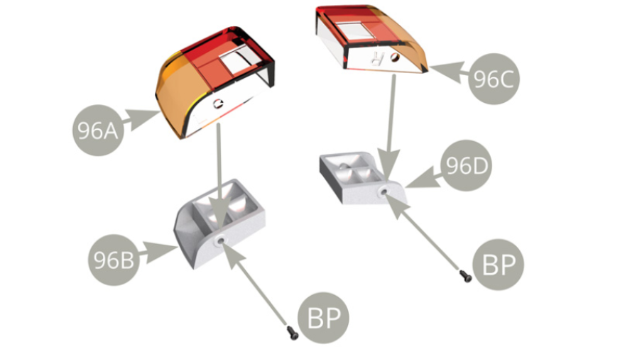 Fit 96A Left rear light cluster lens to 96B Left rear light cluster reflector and fix with BP screw . Fit 96C Right rear light cluster lens to 96D Right rear light cluster reflector and fix with BP screw .