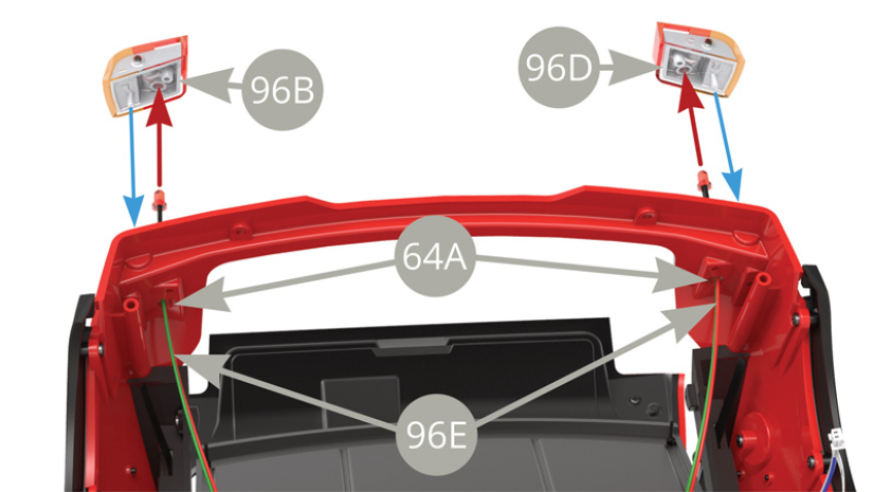 Pass two 96E H cables rear light LEDs through the openings in 64A Bodywork rear panel corners . Fit each 96E H cable LED into 96B Left and 96D Right rear light cluster reflector sockets ( red arrows ) . With LEDs installed , fit 96B Left and 96D Right rear light cluster reflectors to 64A Bodywork rear panel outer side ( blue arrows ) , follow to next illustration . 