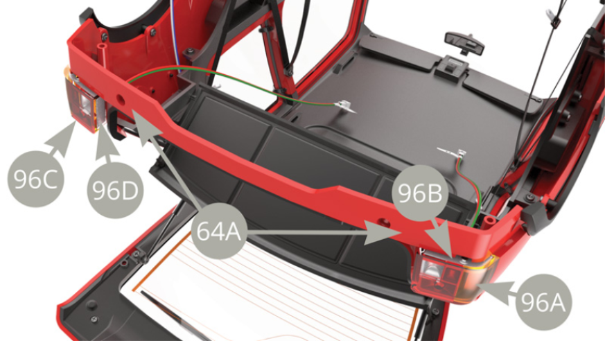 With 96A/96B Left and 96C/96D Right rear lights now fitted to 64A Bodywork panel , secure each one to it with two CP screws ( lower illustration blue arrows ) . 